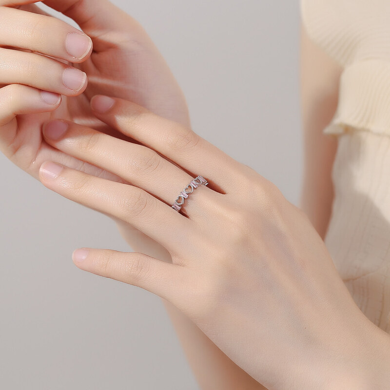 DELIS Регулируем сребърен пръстен, JW887, дизайн на сърце с розов цирконий, с родиево покритие