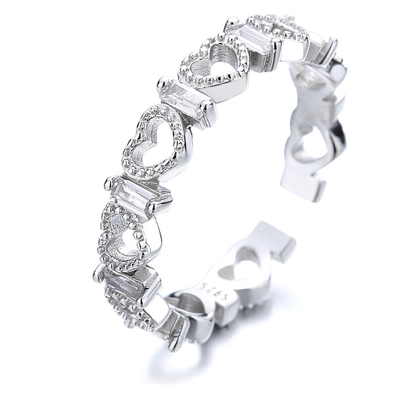 DELIS Регулируем сребърен пръстен, JW888, дизайн на сърце с бели цирконии, родиево покритие