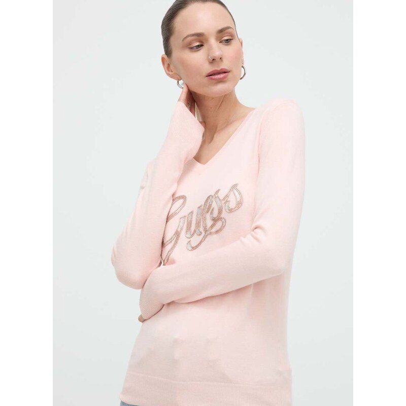 Пуловер Guess MYLA дамски в розово от лека материя W4GR25 Z2NQ2