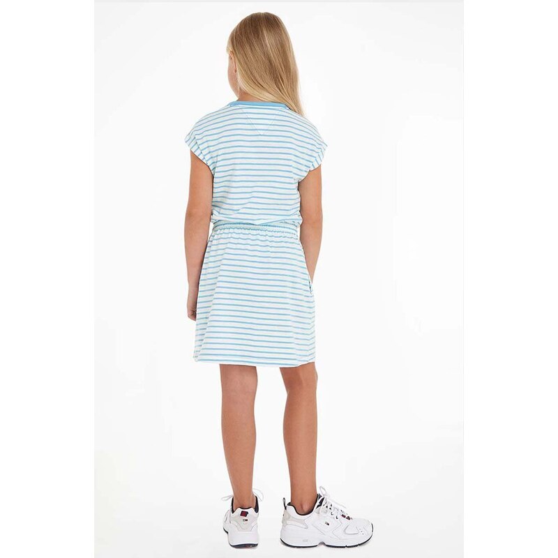 Детска памучна рокля Tommy Hilfiger в синьо къс модел разкроен модел