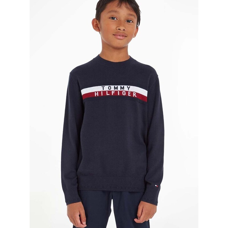 Детски памучен пуловер Tommy Hilfiger в тъмносиньо от лека материя