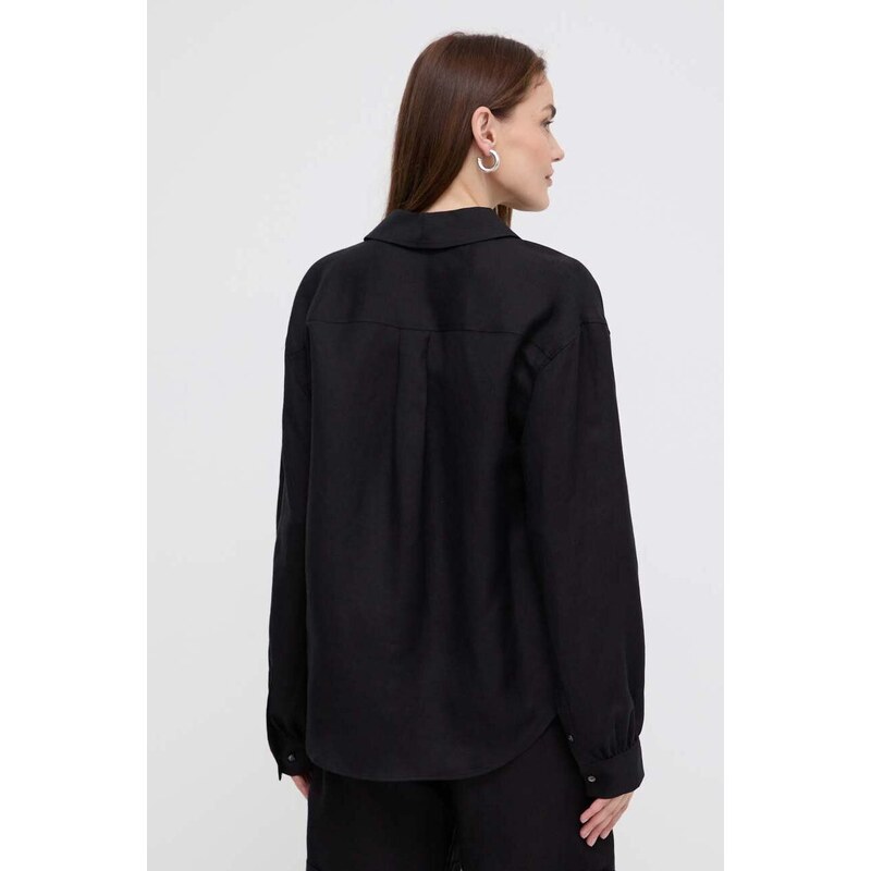 Ленена риза Karl Lagerfeld в черно със свободна кройка с класическа яка