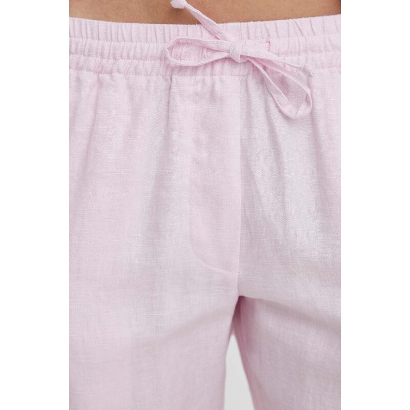 Ленен панталон Samsoe Samsoe HOYS в розово със стандартна кройка, със стандартна талия F23900002