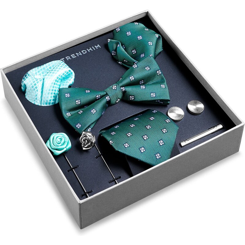Trendhim Подаръчна кутия с аксесоари за костюм | Kомплект в ментовозелено с ромбоидни шарки