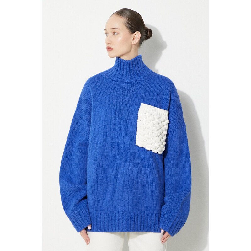 Вълнен пуловер JW Anderson Textured Patch Pocket Turtleneck Jumper дамски в синьо от топла материя с поло KW1150.YN0144.823