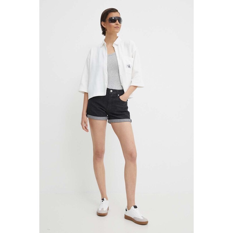 Памучна риза Calvin Klein Jeans дамска в бяло със свободна кройка с класическа яка J20J223360