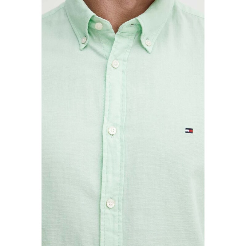 Памучна риза Tommy Hilfiger мъжка в зелено с кройка по тялото яка копче MW0MW33782