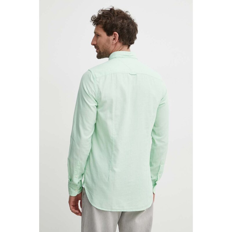Памучна риза Tommy Hilfiger мъжка в зелено с кройка по тялото яка копче MW0MW33782
