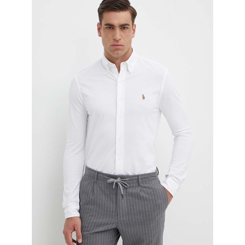 Памучна риза Polo Ralph Lauren мъжка в бяло със стандартна кройка с яка с копче 710932545