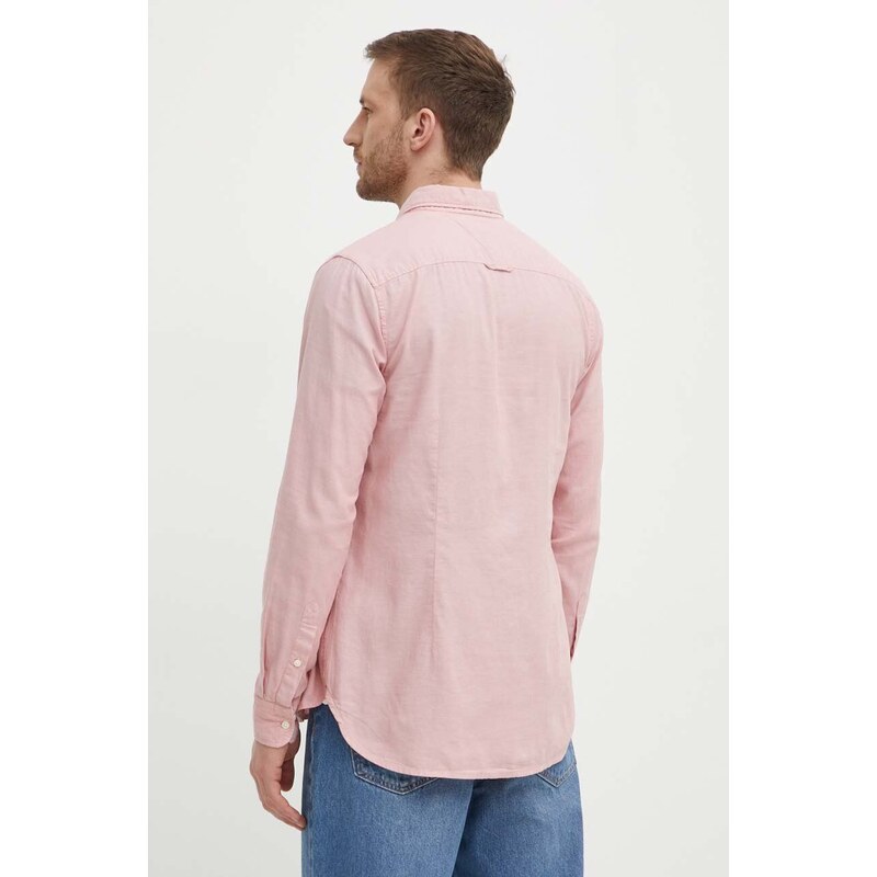 Памучна риза Tommy Hilfiger мъжка в розово с кройка по тялото яка копче MW0MW33782