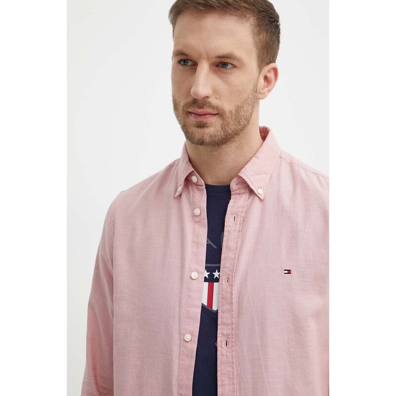 Памучна риза Tommy Hilfiger мъжка в розово с кройка по тялото яка копче MW0MW33782