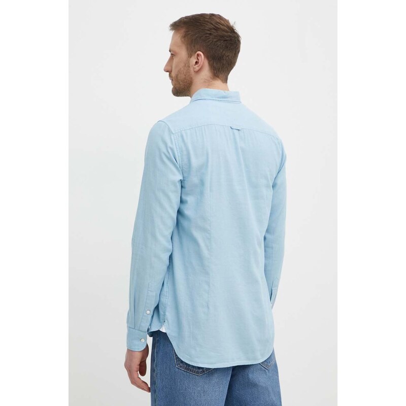 Памучна риза Tommy Hilfiger мъжка в синьо с кройка по тялото яка копче MW0MW33782