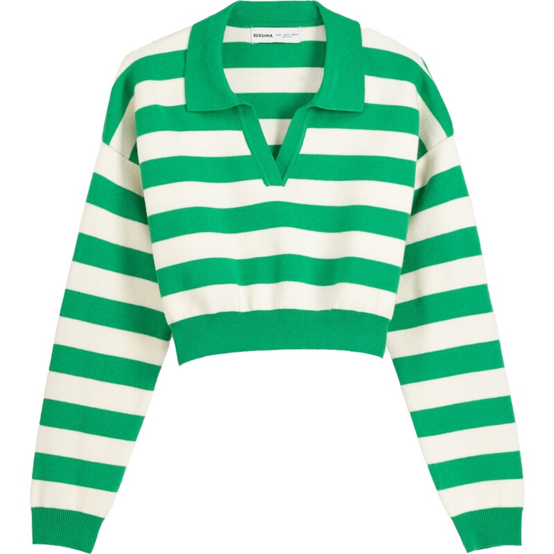 Bershka Пуловер зелено / мръсно бяло