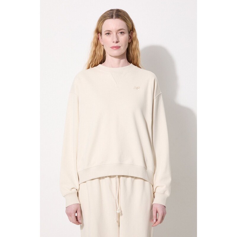 Памучен суичър New Balance WT41500LIN в бежово с изчистен дизайн