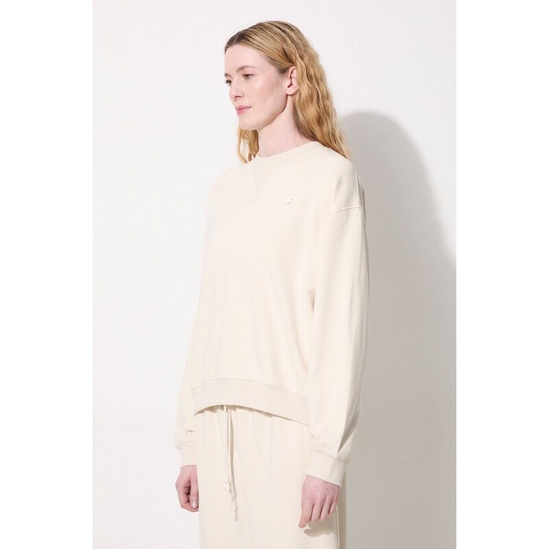 Памучен суичър New Balance WT41500LIN в бежово с изчистен дизайн