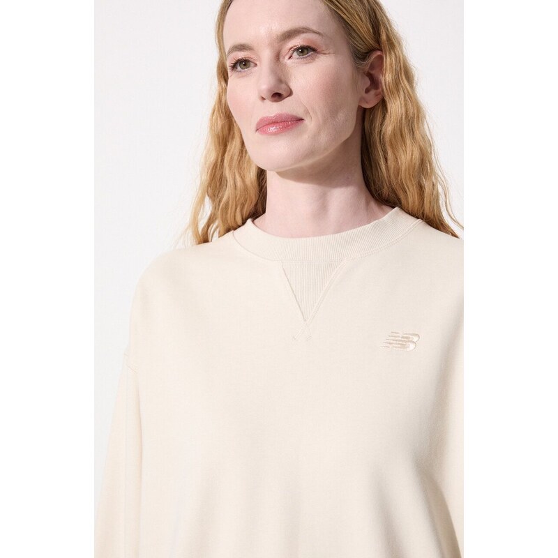 Памучен суичър New Balance WT41500LIN в бежово с изчистен дизайн