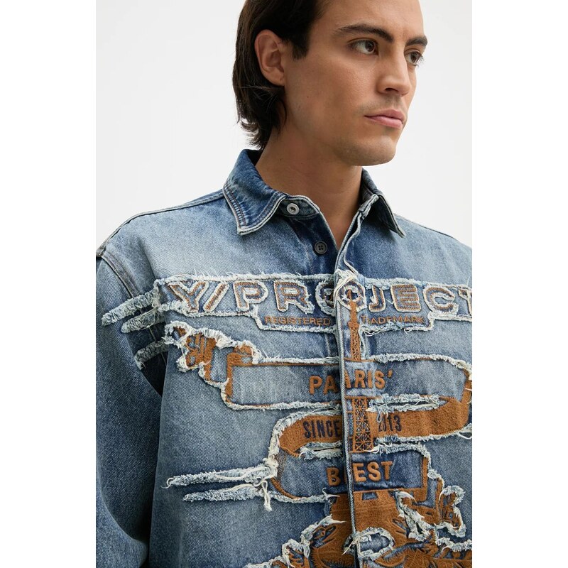 Дънкова риза Y/Project EVERGREEN PARIS' BEST PATCH DENIM SHIRT в синьо със свободна кройка с класическа яка 207SI002