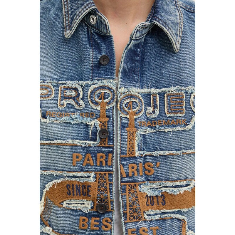 Дънкова риза Y/Project EVERGREEN PARIS' BEST PATCH DENIM SHIRT в синьо със свободна кройка с класическа яка 207SI002