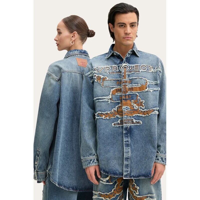 Дънкова риза Y/Project EVERGREEN PARIS' BEST PATCH DENIM SHIRT в синьо със свободна кройка с класическа яка 207SI002
