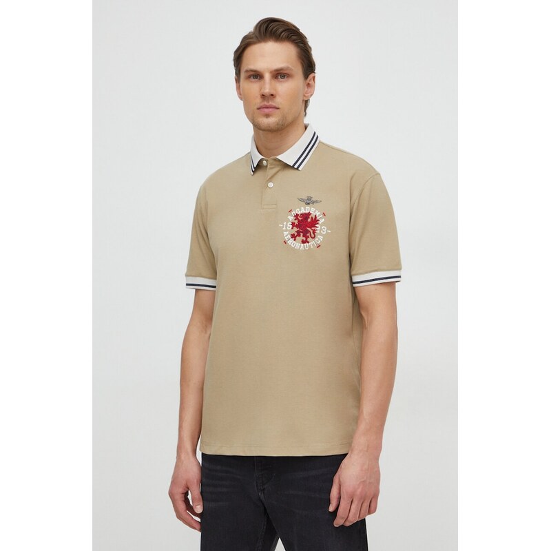 Памучна тениска с яка Aeronautica Militare в бежово с принт PO1751P309
