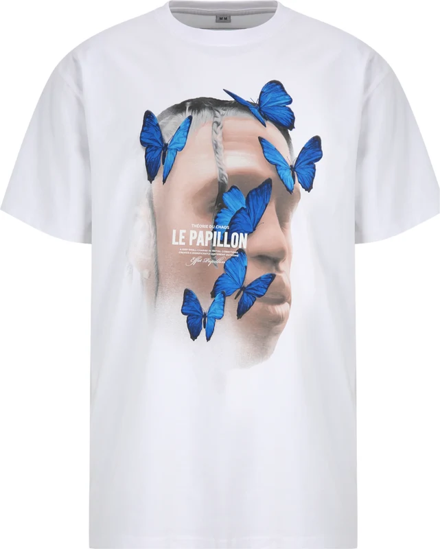 MT Upscale Тениска 'Le Papillon' телесен цвят / кралско синьо / черно / бяло