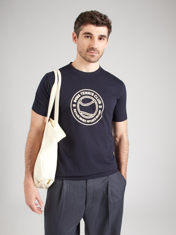 BOSS Тениска екрю / нейви синьо