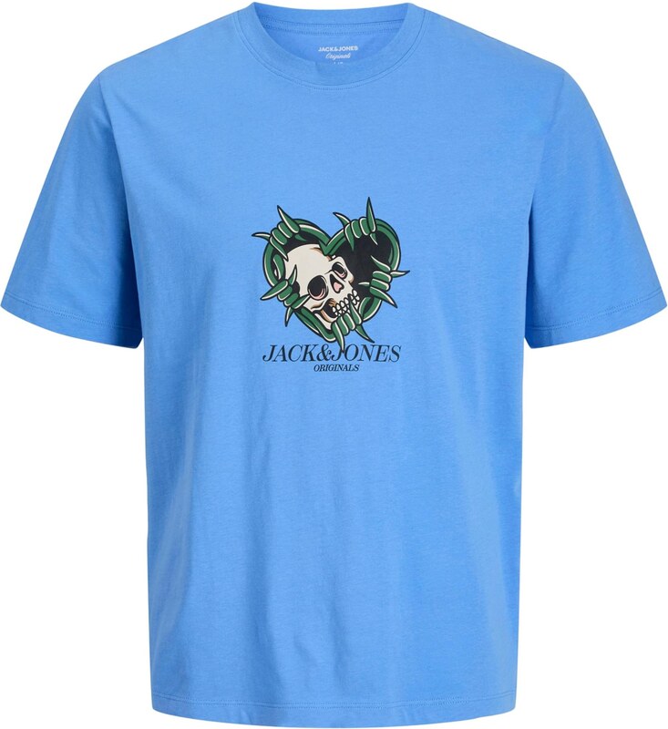 Jack & Jones Junior Тениска 'JORCATSKILLS SKULL' екрю / кралско синьо / зелено / черно