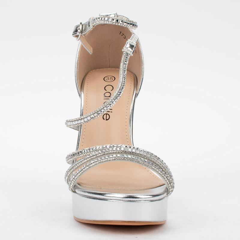 Сребристи дамски сандали на широк ток