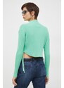 Памучен пуловер Calvin Klein Jeans в зелено от лека материя с ниско поло
