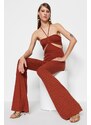 Trendyol Cinnamon Knitted Window/Cut Out Detail Textured Self Patterned Jumpsuit