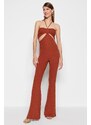 Trendyol Cinnamon Knitted Window/Cut Out Detail Textured Self Patterned Jumpsuit