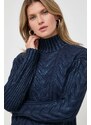 Пуловер с вълна Guess дамски в тъмносиньо с ниско поло