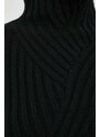 Вълнен пуловер BOSS дамски в черно от топла материя с ниско поло