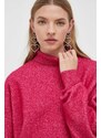 Вълнен пуловер HUGO дамски в розово от лека материя с поло