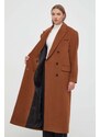 Вълнено палто HUGO в кафяво преходен модел с двуредно закопчаване