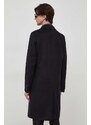 Вълнено палто BOSS в черно преходен модел с двуредно закопчаване