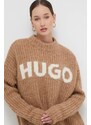 Вълнен пуловер HUGO дамски в кафяво от топла материя