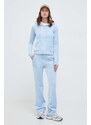 Кадифен суичър Juicy Couture в синьо с качулка с апликация