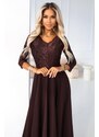 NUMOCO Елегантна дълга дантелена рокля с деколте - шоколадов цвят