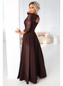 NUMOCO Елегантна дълга дантелена рокля с деколте - шоколадов цвят